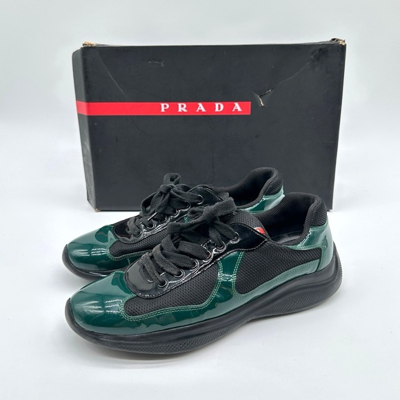 PRADA Americas Cup Sneakers 4E3400 Mens 8 Green Black Patent Leather‎ Designer